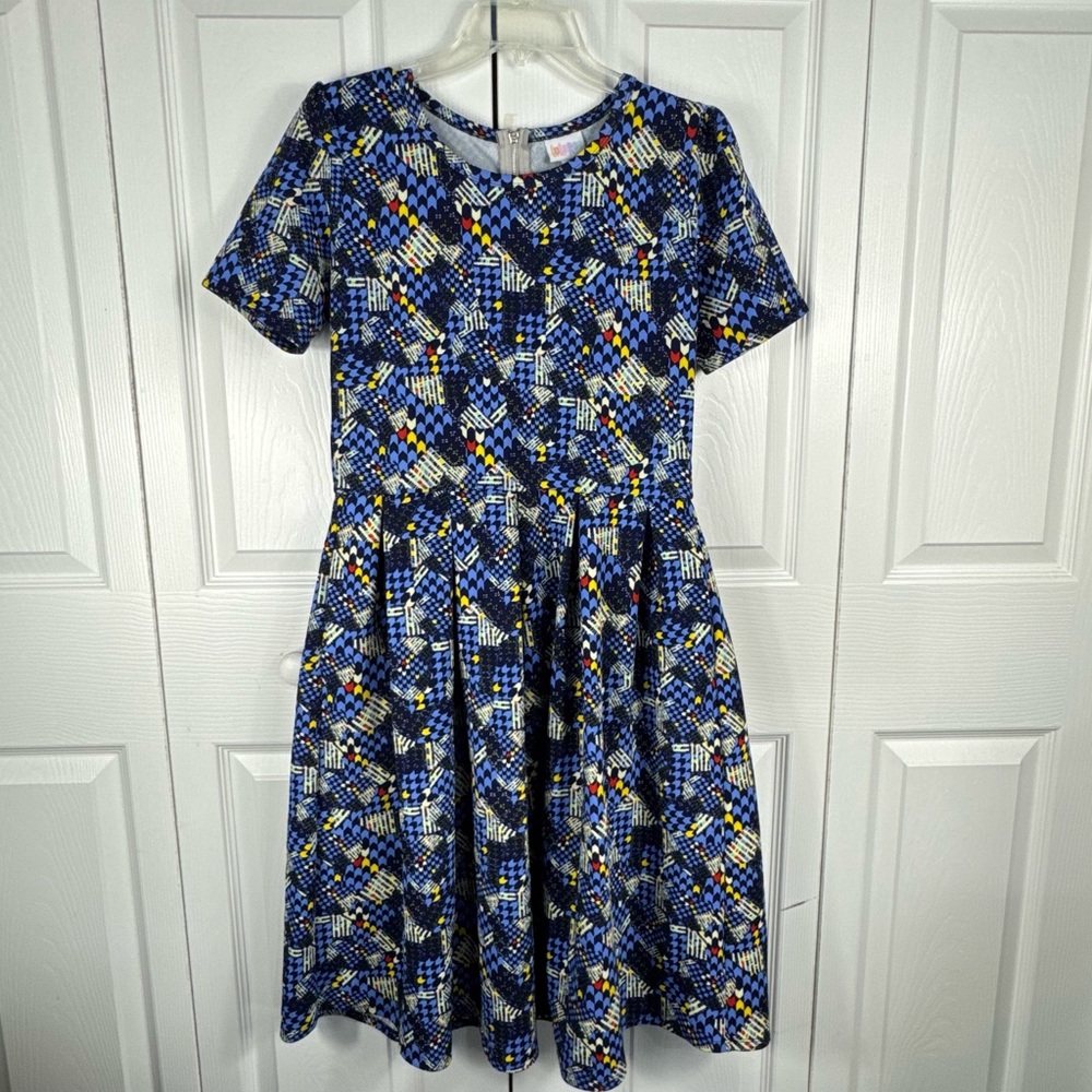 Lularoe Amelia Women's Dress Mixed Media Geometric Print Blue Size Large